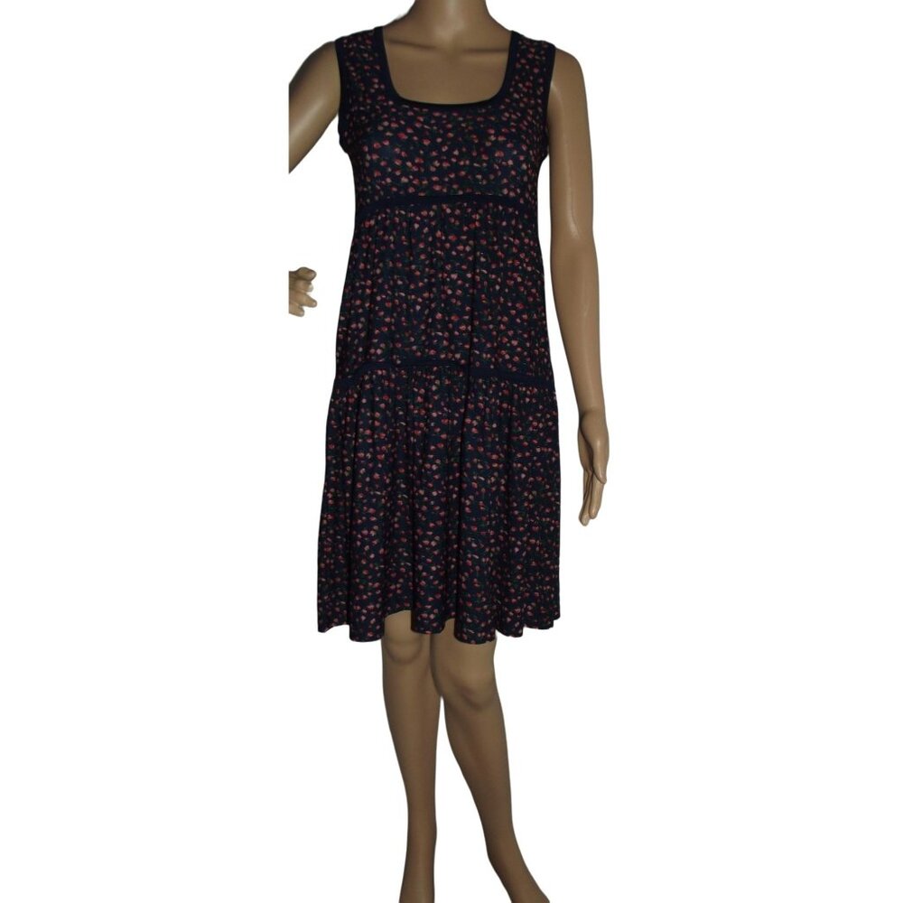 Max Studio Sz Small Navy Blue Pink Rosebud Floral Print Sleeveless Tiered Dress